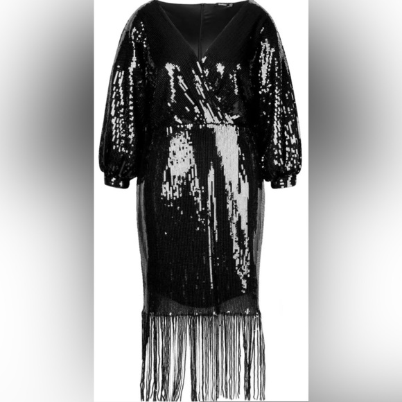 Boohoo Plus Size Sequin Faux Wrap Fringe Long Sleeve Boho MIDI - Picture 5 of 14